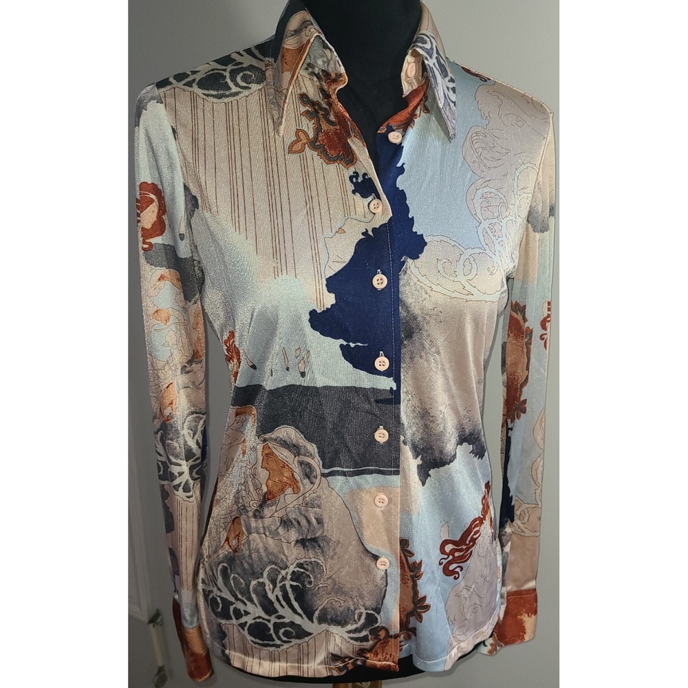 Limerix by Huk-A-Poo 1970s Graphic Dreamy Print Blue Tan Nylon Shirt Sz Sm (?)